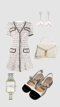 a woman's outfit with shoes, watch and purse