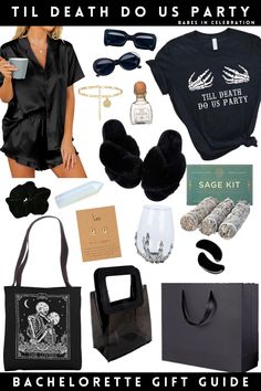 A bachelorette theme idea perfect for fall and Halloween. Til Death Do Us Party is equal parts spooky and glam. Our bachelorette favors and gift guide has everything you need for a Bride or Die / Death of a Bachelorette / Halloween bachelorette party! Salem Bachelorette Party Outfits, Reputation Bachelorette, Rip To My Last Name Bachelorette, Bachelorette Black Outfit Night, Halloween Bachelorette Party Ideas, Bach Gifts, Spooky Bachelorette Party