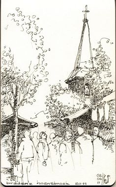 an ink drawing of people standing in front of a building with a steeple on top