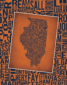 an orange and blue poster with words in the shape of a map on top of it