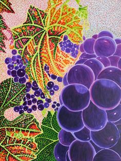 a painting of grapes and leaves on a table