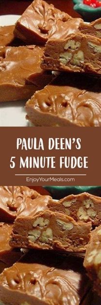 chocolate fudge bars stacked on top of each other with text overlay that reads, paula den's 5 minute fudge