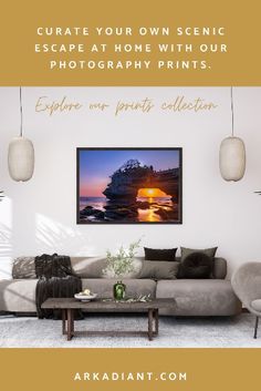 a living room filled with furniture next to a painting on the wall and text that reads create your own scenic escape at home with our photography prints