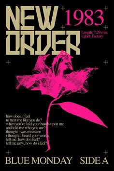 the new order concert poster for blue monday side a, featuring a pink flower on black background