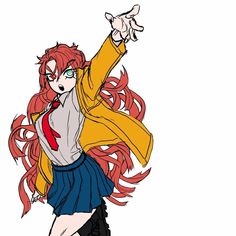 a drawing of a woman with red hair and glasses, wearing a yellow blazer