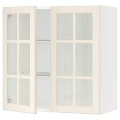 an open white cabinet with glass doors on the front and back sides, isolated against a white background