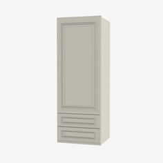 a tall white cabinet with two drawers on the front and one door open to reveal an empty space