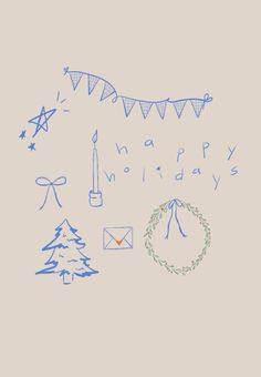 an image of happy holidays written in blue on a gray background with trees and flags