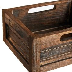 an old wooden crate with handles is shown on a white background for use as a storage container