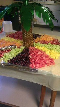 a platter filled with fruit on top of a table next to a potted plant