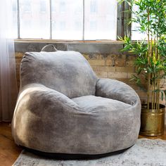 a large bean bag chair sitting on top of a rug next to a potted plant