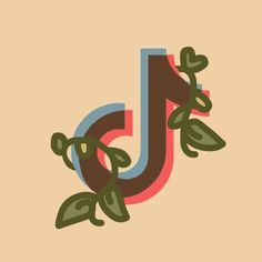 the letter j is made up of leaves and vines on a beige background with red, blue, and green colors