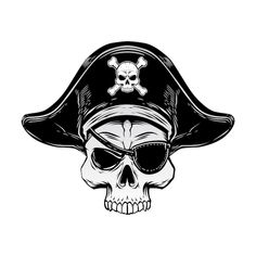 a skull wearing a pirate hat and sunglasses