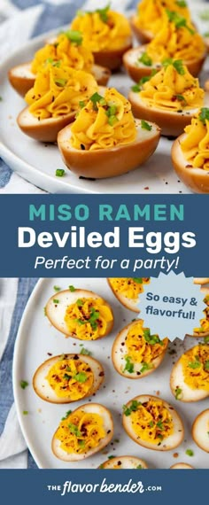 deviled eggs on a plate with text overlay that reads misso ramen deviled eggs perfect for a party