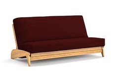 a wooden futon bed frame with a maroon colored fabric on it and wood legs