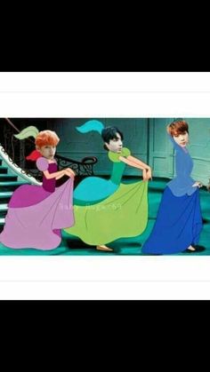 the three princesses are walking down the stairs in their dresses, and one is wearing a tiara