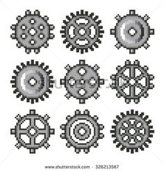 pixelated gears and wheels set on white background