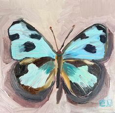 a painting of a blue butterfly on a white background