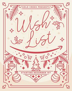 the wish list for christmas is shown in red and white, with ornaments around it