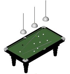 a pool table with three balls hanging from it's legs and four lights on the ceiling