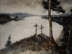 a painting with three crosses on top of a hill next to a lake and trees