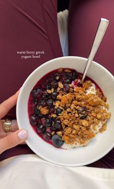 a person holding a bowl of oatmeal with blueberries and granola