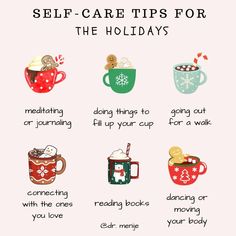 Self-care can't wait! Especially when you take good care of yourself, you can better show up for those around you and make the holidays special. Here are some tips to keep in mind: ☃️Self-care doesn't have to be for hours or grandiose ❄️Self-care can be done alone or with others, such as going for a walk with a friend 🎅🏽Self-care isn't selfish. 🎄Self-care is anything that leaves you feeling rejuvenated What is your favorite holiday self-care? Christmas Self Care, Take Good Care Of Yourself, Personality Chart, Perfectionism Overcoming, Mental Health Activities, Going For A Walk, Embrace Imperfections, I Am Enough