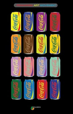 an advertisement for the coca - cola company, featuring six cans of different colors and sizes