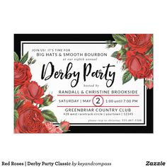 a party card with red roses on it and the words derby party written in black