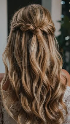 Bridesmaid Half Up With Braid, Wavy Party Hairstyles, Simple Wedding Hair For Short Hair, Half Up Have Down Wedding Hair, Hairstyle Half Updo, Down Hair For Bride, Beach Wedding Hairstyles Medium Half Up, Half Up Half Down Bridesmaid Hair With Braid, Wedding Hair Wavy Half Up Half Down