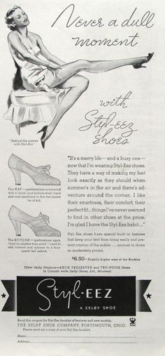 1935 Selby Styleez Shoes print ad.  Never a dull moment with Styl-eez shoes.  Vintage ad from the Retro Reveries shop on Etsy.  #RetroReveries #etsy #vintage #shoes #1930s fashions #retrodecor Room Decor Vintage, Never A Dull Moment, Powder Room Decor, Shoes Ads, Closet Decor, Vintage Millinery, Retro Advertising, Retro Shoes, Print Advertising