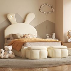 a bed room with a neatly made bed and two teddy bears on the floor next to it