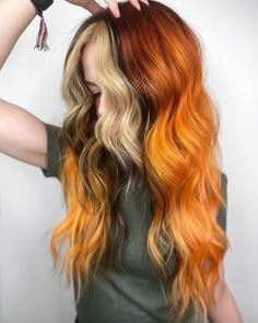 Natural Vivid Hair Color, Fun Hair Color Ideas For Redheads, Fox Inspired Hair, Foxtail Hair Color, Ginger Split Dye, Fox Tail Hair Color, Spooky Hair Color, Tri Color Hair, Calico Hair Color