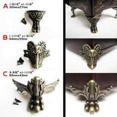 four different views of an ornate cabinet door handle and drawer knobs in various styles