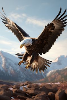 an eagle is flying over some rocks and snow covered mountains in the distance, with it's wings spread wide open