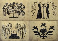 four different images of people and trees on old paper, each with an individual's silhouette