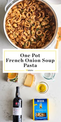 one pot french onion soup with pasta, cheese and parmesan bread on the side