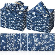 a stack of blue and white napkins on top of each other, with different patterns