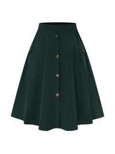 Plus Size Button-Up Flared Skirt, For Christmas Green Casual   Fabric Colorblock,Plain Flared Non-Stretch  Women Plus Clothing, size features are:Bust: ,Length: ,Sleeve Length: Plus Size Summer Casual, Plus Size Summer Fashion, Pleated Long Skirt, Casual Summer Shorts, Plus Size Summer, Plus Size Skirts, Elegant Dresses Long, Green Skirt, Boho Women