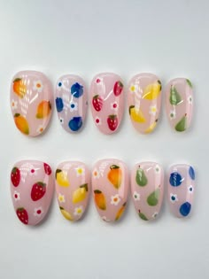 ☆ Fruit Themed Nails ☆ Strawberries, blueberries, mangoes, pears, and lemons (or any fruit of your choosing)!  ------- ☆ Why Angelis Nail Studio?: ANS press-ons are made with high quality gels and supplies. I have over 3.5 years of experience with gel nail art and truly put my best effort into each and every set! <3 All sets are made with Apres Gel-X soft gel nail tips, meaning you'll be receiving some of the most durable and flexible nails available. In other words, you'll have salon-quality, r Pastel Fruit Nails, Cute Fruit Nail Designs, Lemon Themed Nails, Breakfast Nail Art, Fruit Nails Simple, Quirky Nail Designs, Strawberry Themed Nails, Fruit Themed Nails, Short Fruit Nails