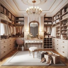 an elegant walk - in closet with chandelier and dressing table