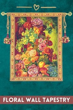 the cover of floral wall tapesty, with an ornate frame and flowers on it