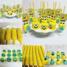 the desserts are decorated in yellow and blue