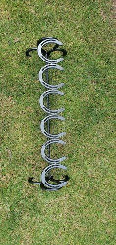 a metal object laying in the grass on top of it's side with its spiral design