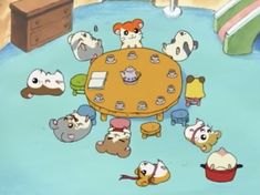 cartoon characters sitting around a table in the middle of a room with other animals on it