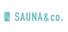 the logo for sauna & co is shown in blue and green letters on a white background