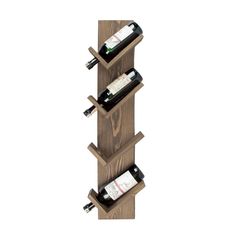 a wooden wine rack with three bottles on it