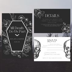 the wedding stationery has been designed to look like it is in black and white