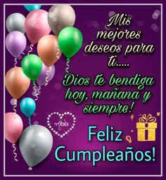 a birthday card with balloons and presents for someone's special day, in spanish