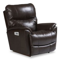 the reclining chair is brown leather with a white logo on it